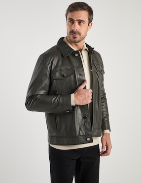 Chamarra casual Calderoni de piel con bolsillos para hombre