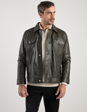 Chamarra casual Calderoni de piel con bolsillos para hombre