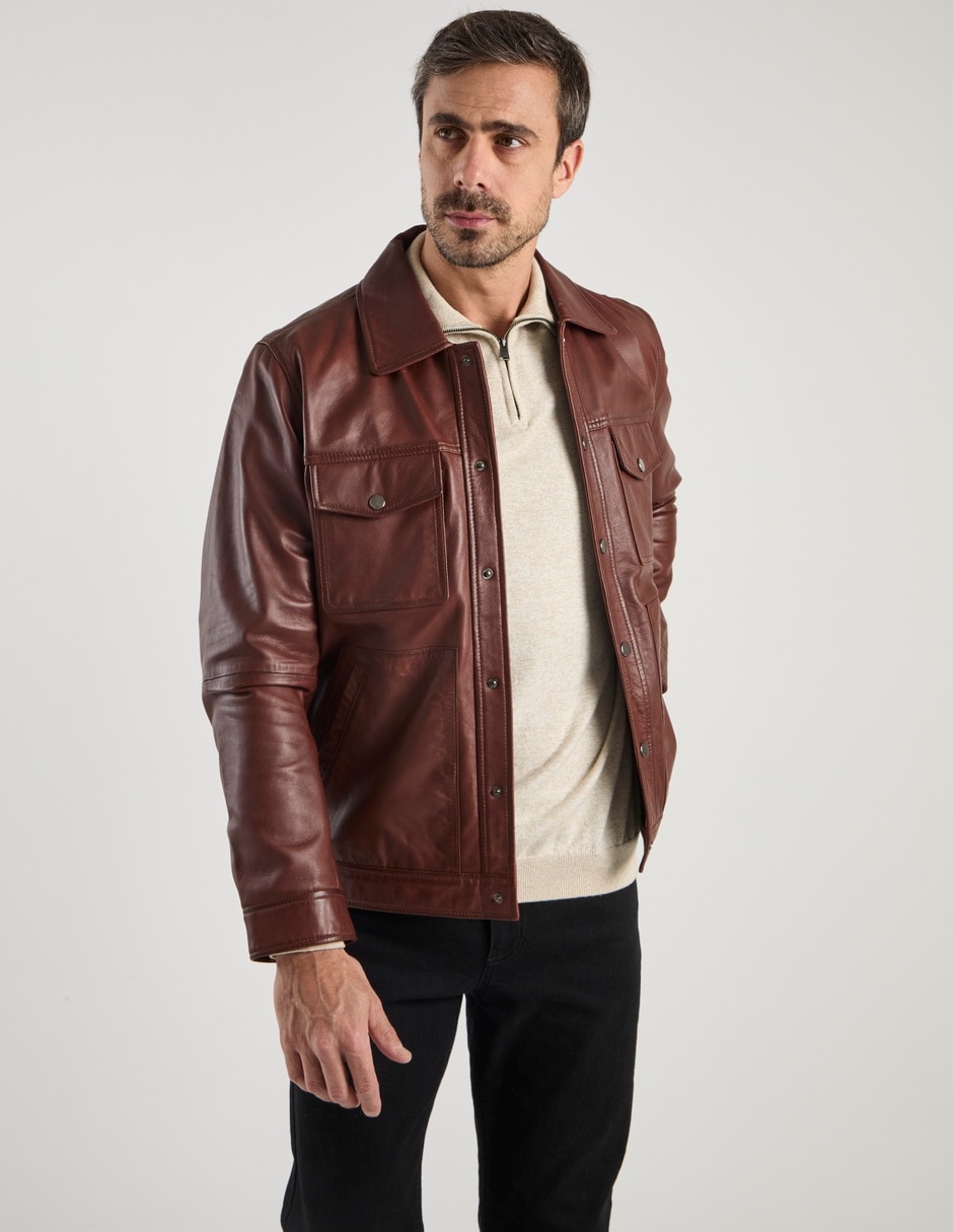 Chamarra bomber de piel con bolsillos para hombre Chamarra bomber de piel con bolsillos para hombre