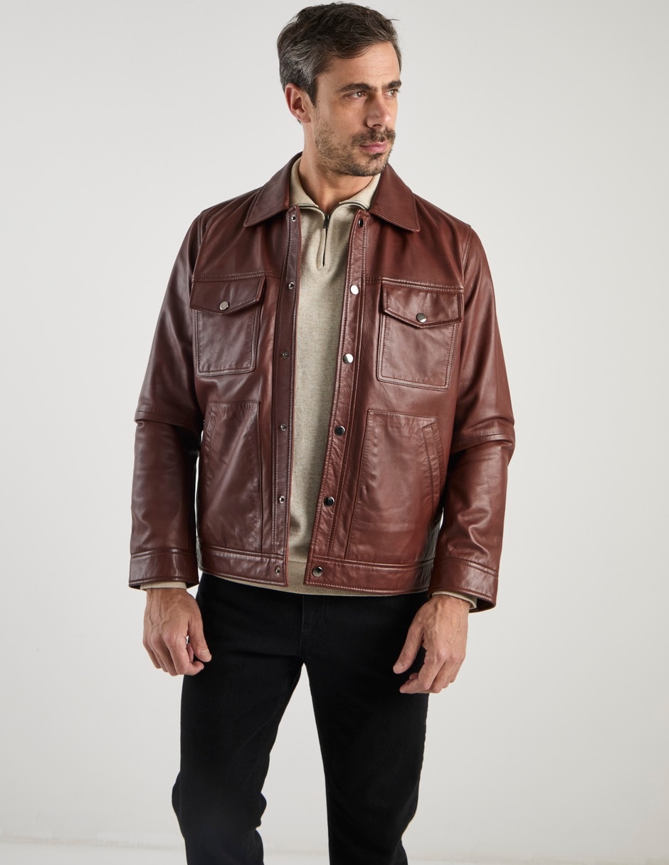Chamarra bomber de piel con bolsillos para hombre 2