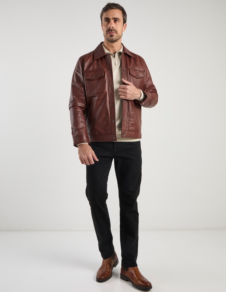 Chamarra bomber de piel con bolsillos para hombre 3