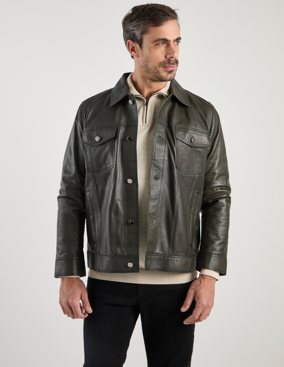Chamarra casual de piel con bolsillos para hombre 2