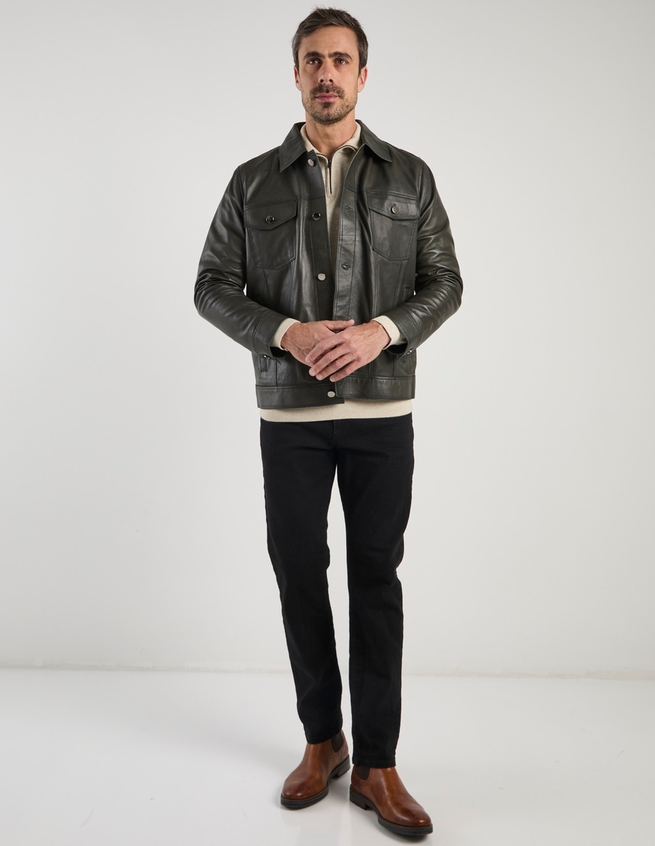 Chamarra casual de piel con bolsillos para hombre 3